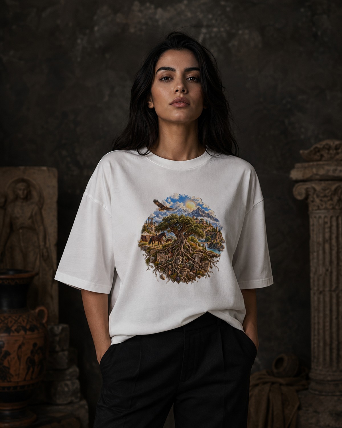 KÖK tişört giyen kadın model